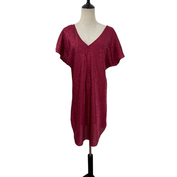 Innermost Other - Vtg 90s Innermost Burgundy Jacquard Satin Nightgown Sleep Shirt Sz S Back Detail